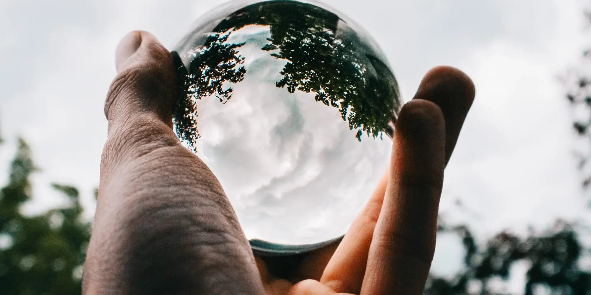 person-holding-glass-ball-with-reflection-beautiful-green-trees-breathtaking-clouds-2